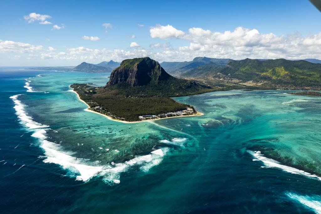 Aerial view of Le Morne Brabant for a Mauritius map travel guide.