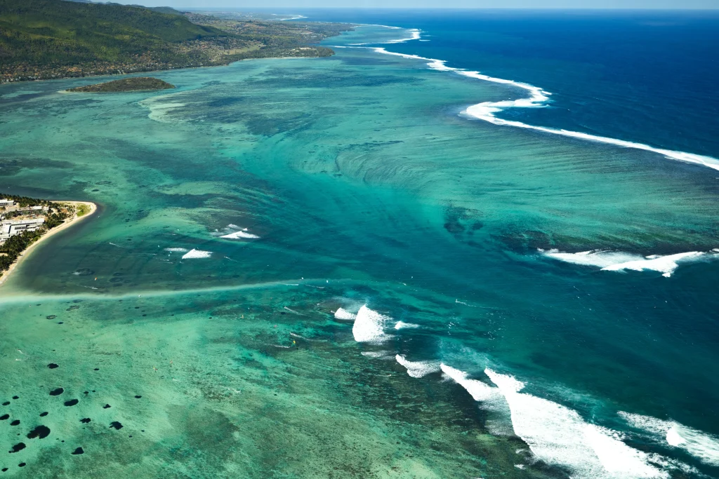 Aerial view of the turquoise waters of Mauritius highlighting its diverse coastal regions