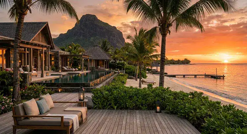 A luxurious wooden deck at a West Mauritius resort during sunset, featuring comfortable lounge seating with beige cushions and lanterns. The deck overlooks a tranquil infinity pool, a sandy beach with a small jetty, and the Indian Ocean, with the dramatic silhouette of Le Morne Brabant mountain on the left under a warm, orange-hued sky with scattered clouds. Palm trees and lush tropical vegetation surround the area.