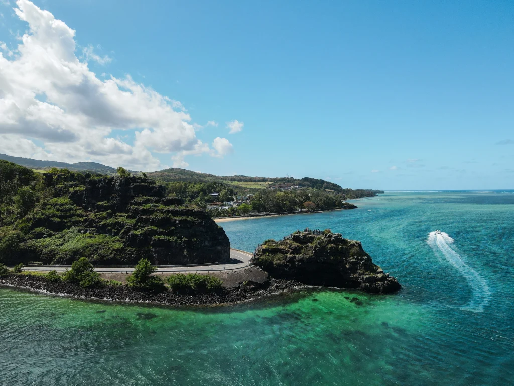 Coastal view of the south of Mauritius with turquoise lagoon and scenic rocky shoreline