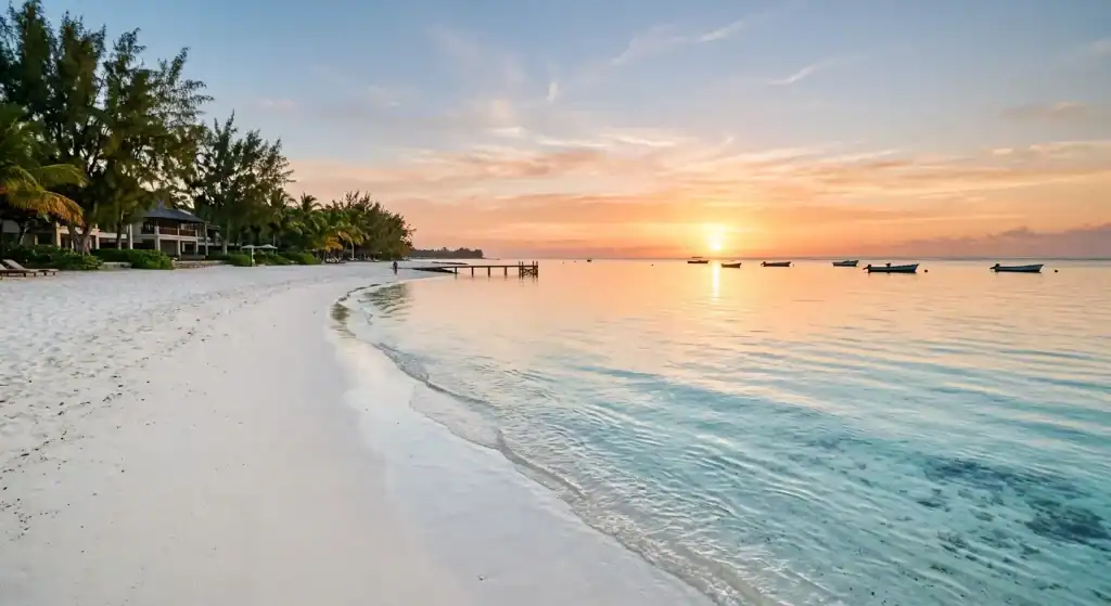 Sunrise over the calm, clear turquoise lagoon at Belle Mare Beach in Mauritius